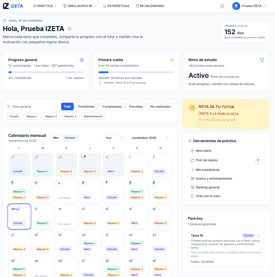Planificador mensual de Izeta.app mostrando calendario de estudio, notas del tutor y herramientas de práctica